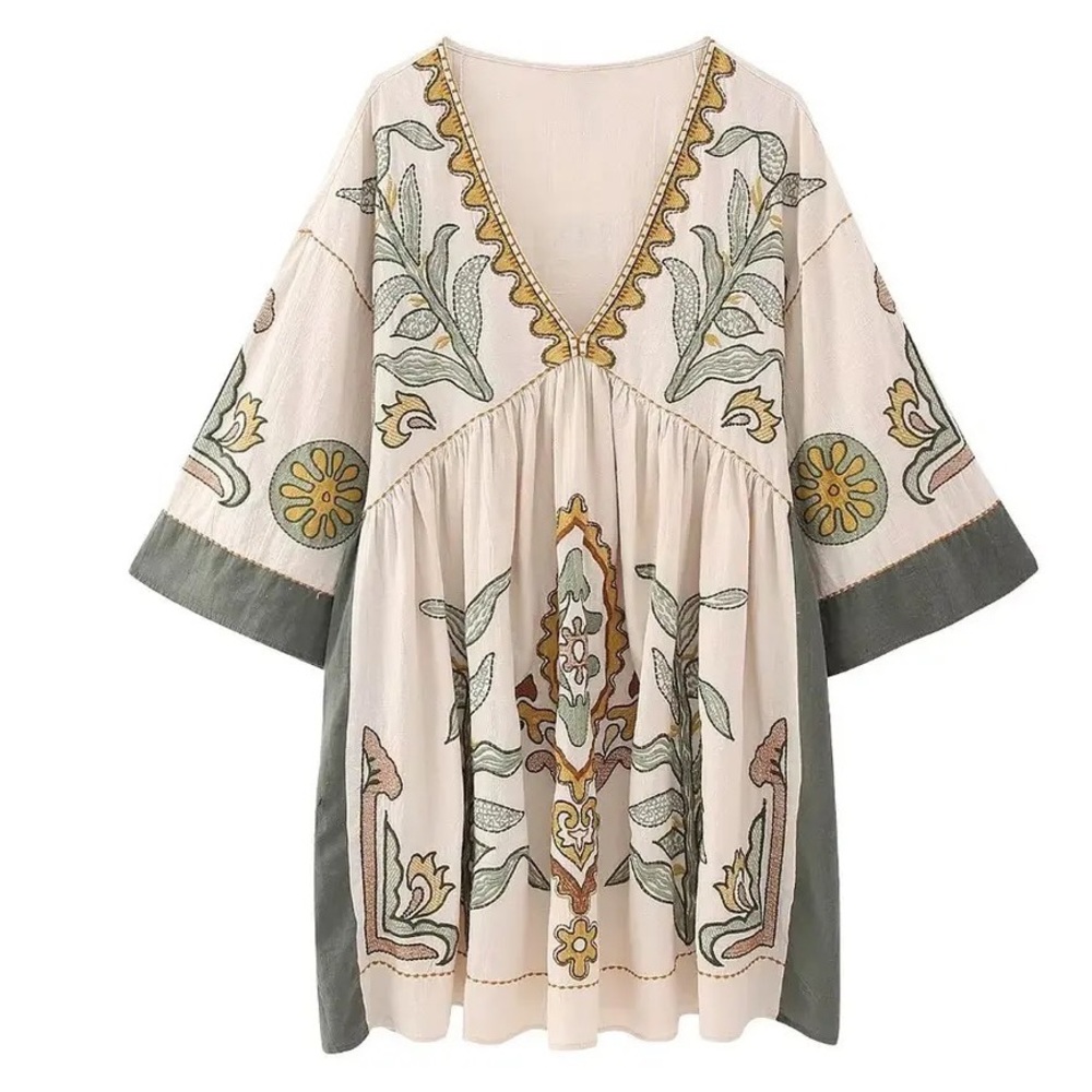 Women’s Olive / Beige V Neck Dress Embroidered Dress - Picture 3 of 6